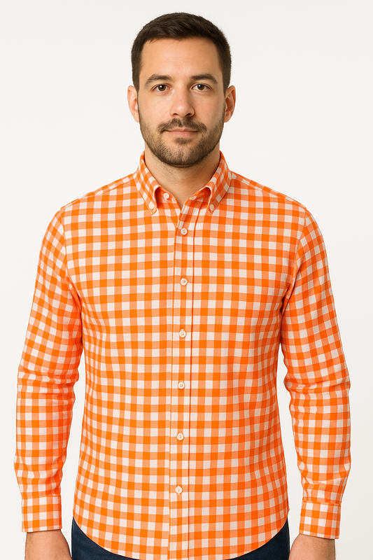 Classic Orange &amp; White Gingham Unstitched Cotton Fabric
